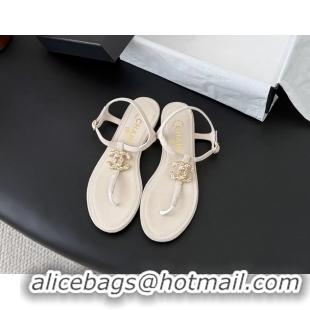 Shop Duplicate Chanel CC Logo Beige Leather Thong Flat Sandals Shoes 6051203 Beige