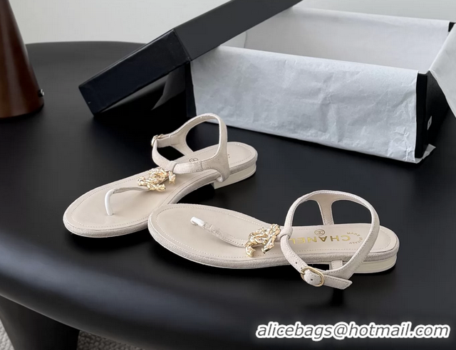 Shop Duplicate Chanel CC Logo Beige Leather Thong Flat Sandals Shoes 6051203 Beige