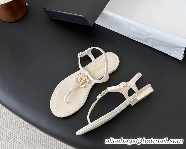 Shop Duplicate Chanel CC Logo Beige Leather Thong Flat Sandals Shoes 6051203 Beige