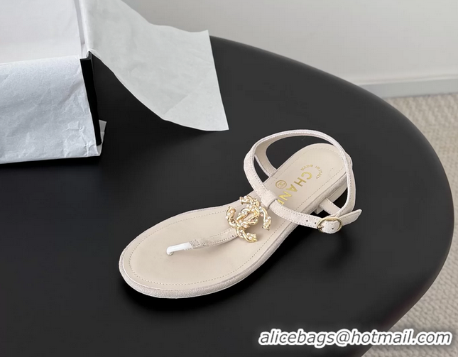 Shop Duplicate Chanel CC Logo Beige Leather Thong Flat Sandals Shoes 6051203 Beige