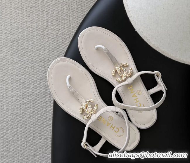 Shop Duplicate Chanel CC Logo Beige Leather Thong Flat Sandals Shoes 6051203 Beige