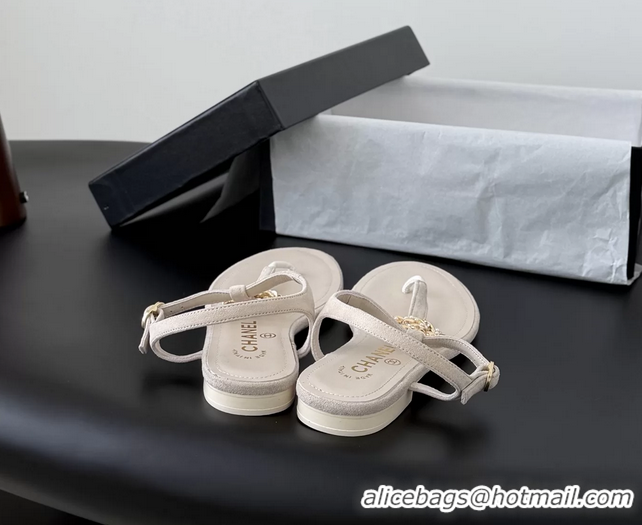 Shop Duplicate Chanel CC Logo Beige Leather Thong Flat Sandals Shoes 6051203 Beige