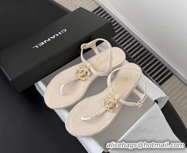 Shop Duplicate Chanel CC Logo Beige Leather Thong Flat Sandals Shoes 6051203 Beige