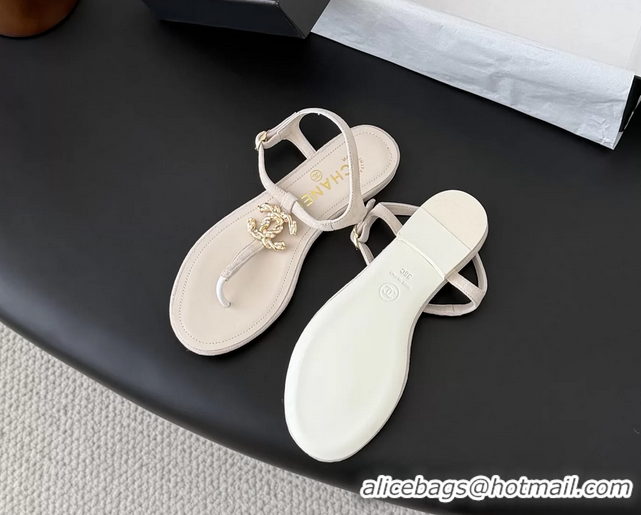 Shop Duplicate Chanel CC Logo Beige Leather Thong Flat Sandals Shoes 6051203 Beige
