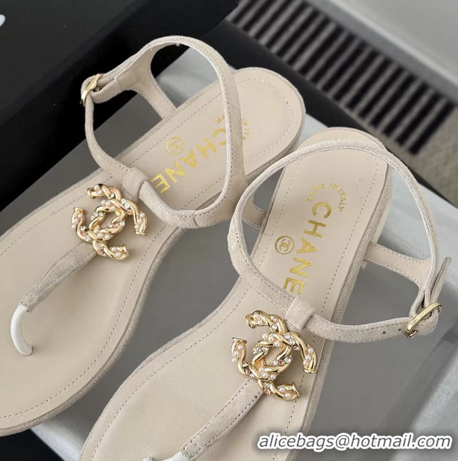Shop Duplicate Chanel CC Logo Beige Leather Thong Flat Sandals Shoes 6051203 Beige