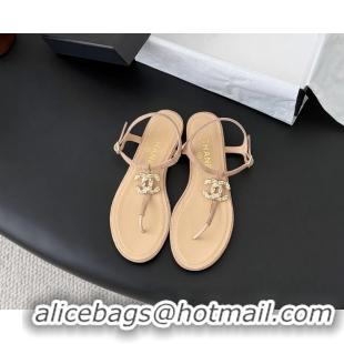 Unique Discount Chanel CC Logo Beige Leather Thong Flat Sandals Shoes 6051203