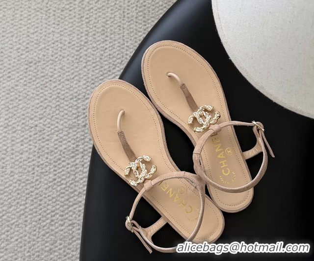 Unique Discount Chanel CC Logo Beige Leather Thong Flat Sandals Shoes 6051203