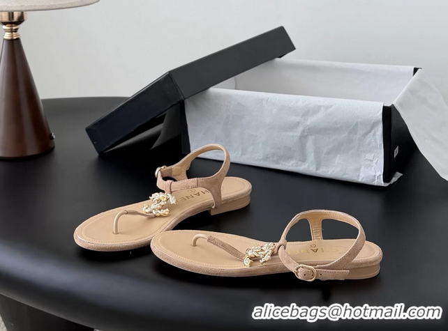 Unique Discount Chanel CC Logo Beige Leather Thong Flat Sandals Shoes 6051203