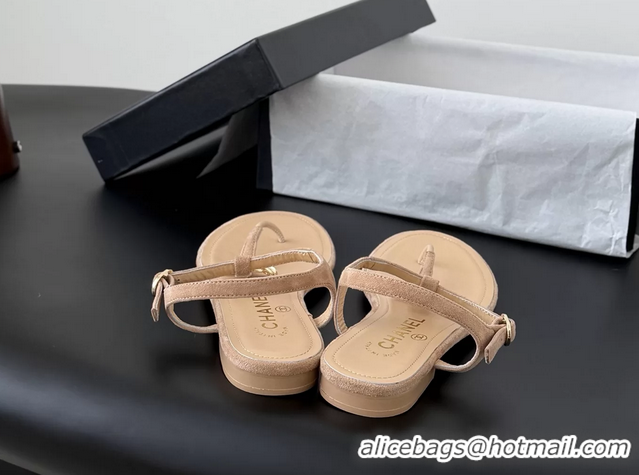 Unique Discount Chanel CC Logo Beige Leather Thong Flat Sandals Shoes 6051203
