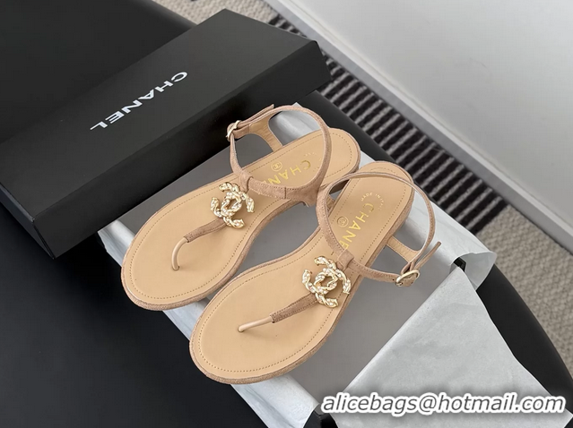 Unique Discount Chanel CC Logo Beige Leather Thong Flat Sandals Shoes 6051203