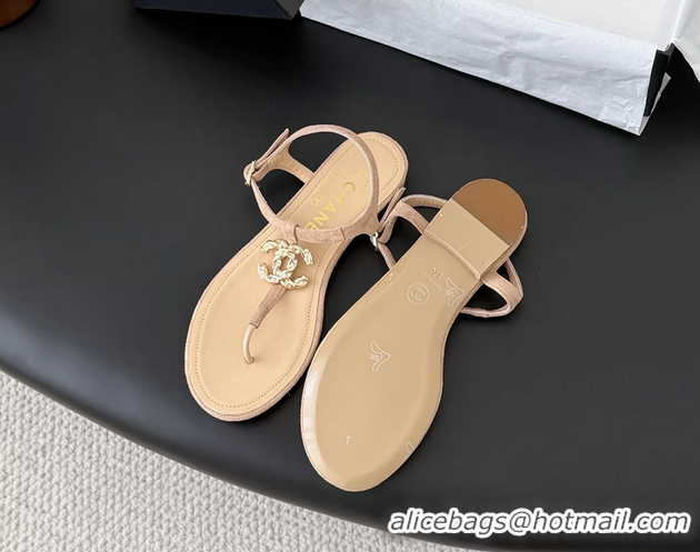 Unique Discount Chanel CC Logo Beige Leather Thong Flat Sandals Shoes 6051203
