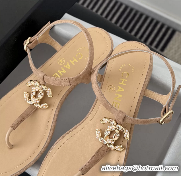 Unique Discount Chanel CC Logo Beige Leather Thong Flat Sandals Shoes 6051203