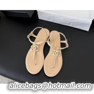 Good Quality Chanel CC Logo Beige Leather Thong Flat Sandals Shoes 6051203