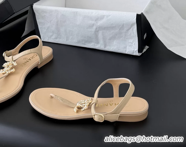 Good Quality Chanel CC Logo Beige Leather Thong Flat Sandals Shoes 6051203
