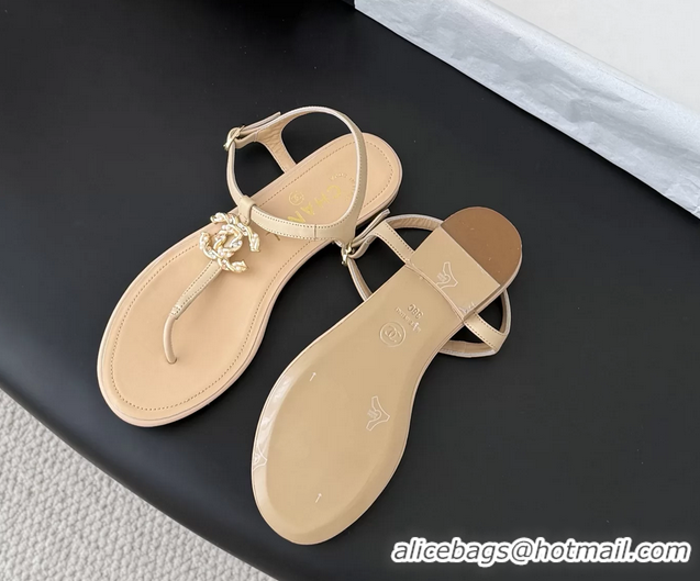 Good Quality Chanel CC Logo Beige Leather Thong Flat Sandals Shoes 6051203