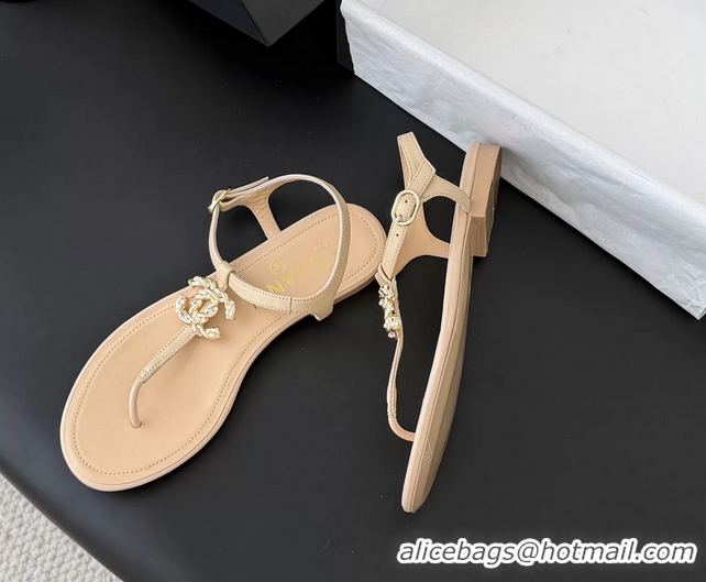 Good Quality Chanel CC Logo Beige Leather Thong Flat Sandals Shoes 6051203
