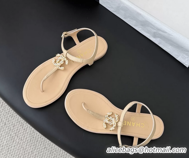 Good Quality Chanel CC Logo Beige Leather Thong Flat Sandals Shoes 6051203