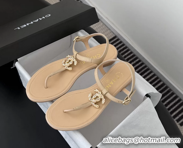 Good Quality Chanel CC Logo Beige Leather Thong Flat Sandals Shoes 6051203