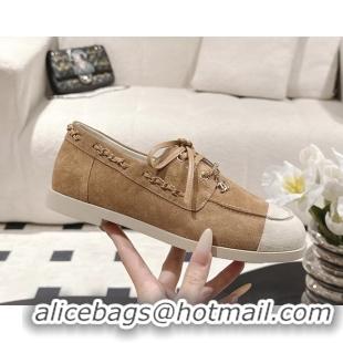 Chanel CC Lace Up moccasins Shoes White Light Brown Suede Calfskin Leather 6051204