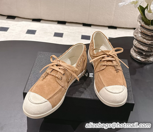 Chanel CC Lace Up moccasins Shoes White Light Brown Suede Calfskin Leather 6051204