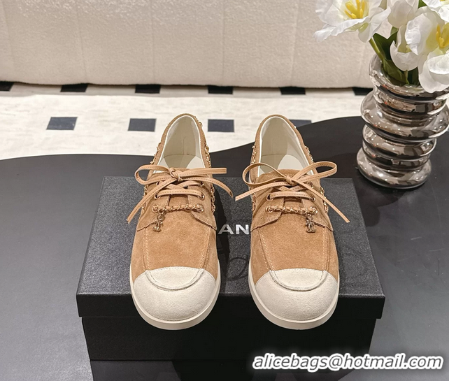 Chanel CC Lace Up moccasins Shoes White Light Brown Suede Calfskin Leather 6051204