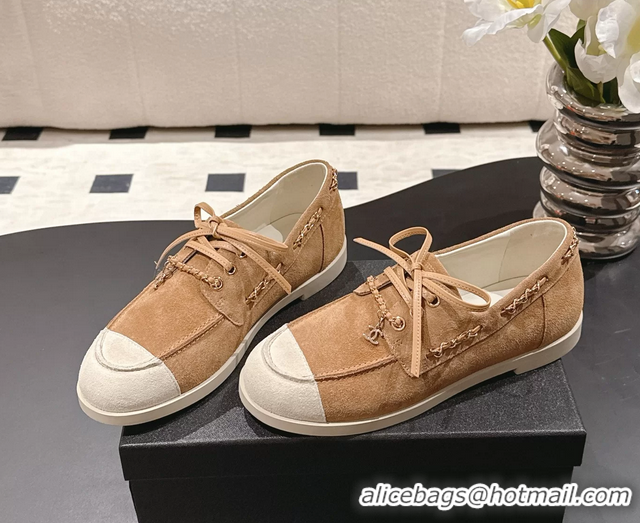 Chanel CC Lace Up moccasins Shoes White Light Brown Suede Calfskin Leather 6051204