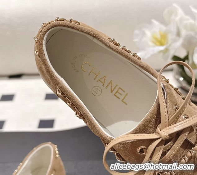 Chanel CC Lace Up moccasins Shoes White Light Brown Suede Calfskin Leather 6051204