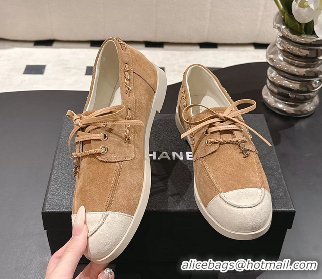 Chanel CC Lace Up moccasins Shoes White Light Brown Suede Calfskin Leather 6051204