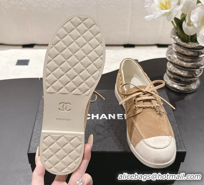 Chanel CC Lace Up moccasins Shoes White Light Brown Suede Calfskin Leather 6051204