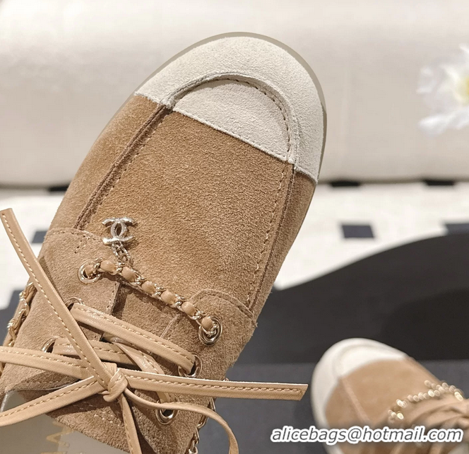 Chanel CC Lace Up moccasins Shoes White Light Brown Suede Calfskin Leather 6051204
