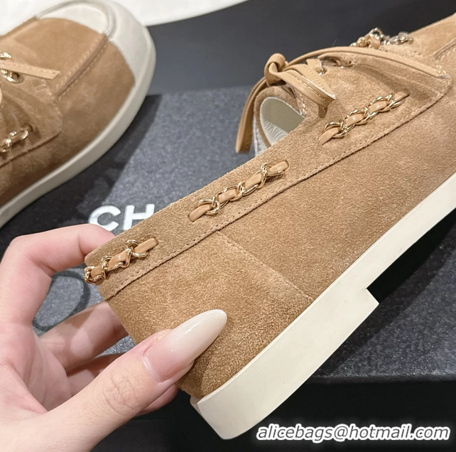 Chanel CC Lace Up moccasins Shoes White Light Brown Suede Calfskin Leather 6051204