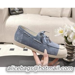 Big Discount Chanel CC Lace Up moccasins Shoes White Light Blue Suede Calfskin Leather 6051204
