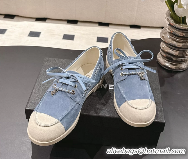 Big Discount Chanel CC Lace Up moccasins Shoes White Light Blue Suede Calfskin Leather 6051204