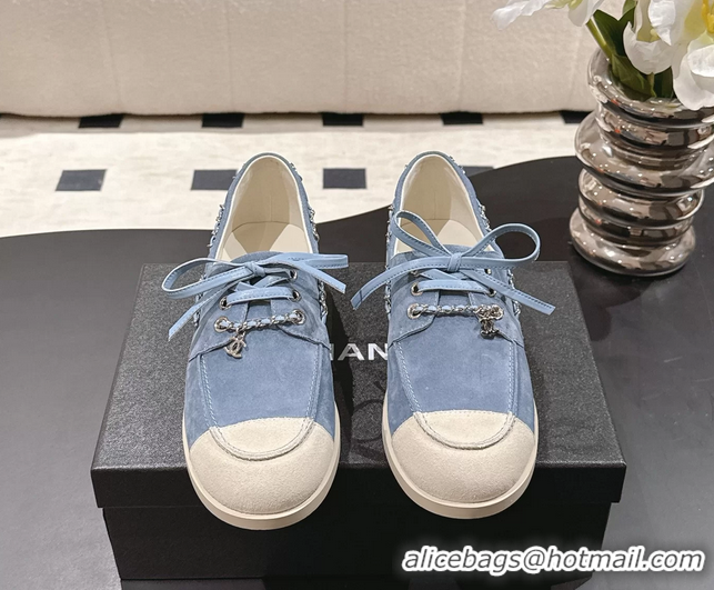 Big Discount Chanel CC Lace Up moccasins Shoes White Light Blue Suede Calfskin Leather 6051204