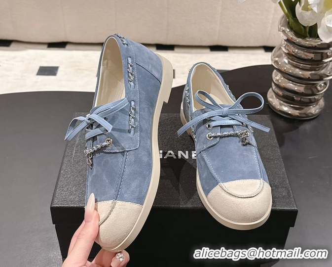Big Discount Chanel CC Lace Up moccasins Shoes White Light Blue Suede Calfskin Leather 6051204