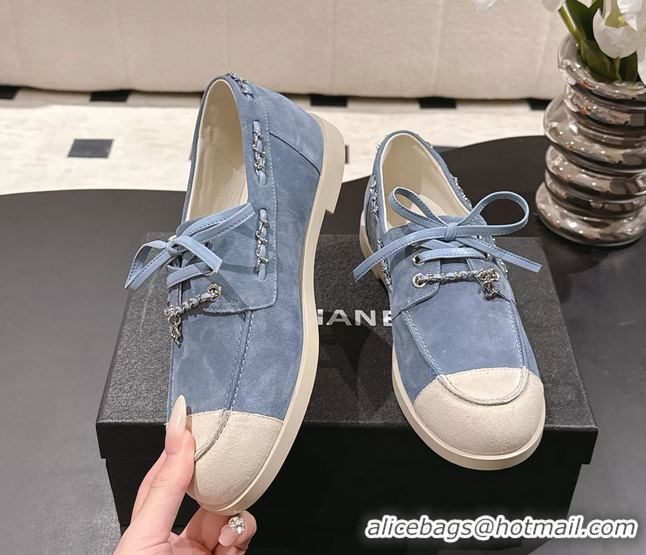 Big Discount Chanel CC Lace Up moccasins Shoes White Light Blue Suede Calfskin Leather 6051204