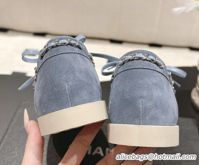 Big Discount Chanel CC Lace Up moccasins Shoes White Light Blue Suede Calfskin Leather 6051204