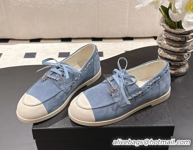 Big Discount Chanel CC Lace Up moccasins Shoes White Light Blue Suede Calfskin Leather 6051204