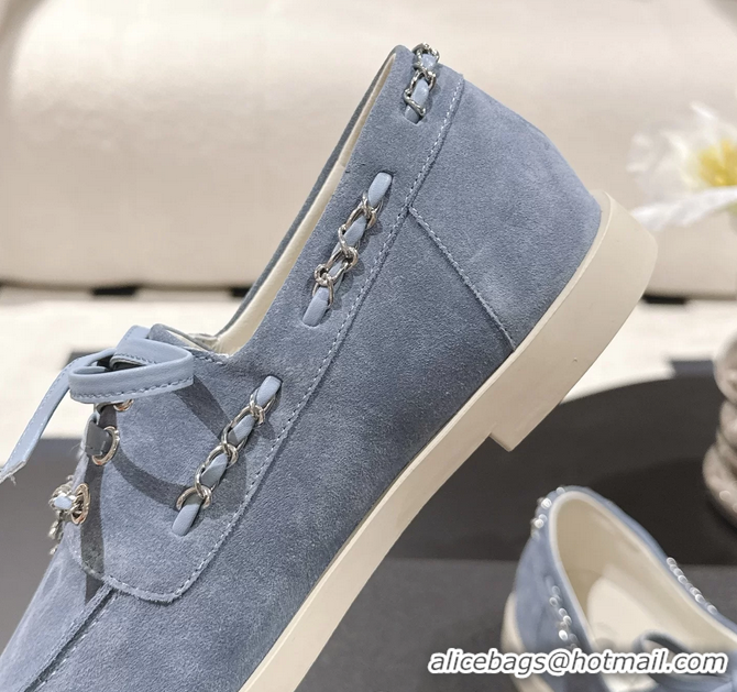 Big Discount Chanel CC Lace Up moccasins Shoes White Light Blue Suede Calfskin Leather 6051204