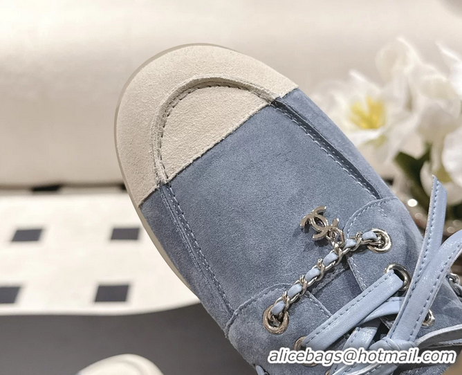 Big Discount Chanel CC Lace Up moccasins Shoes White Light Blue Suede Calfskin Leather 6051204