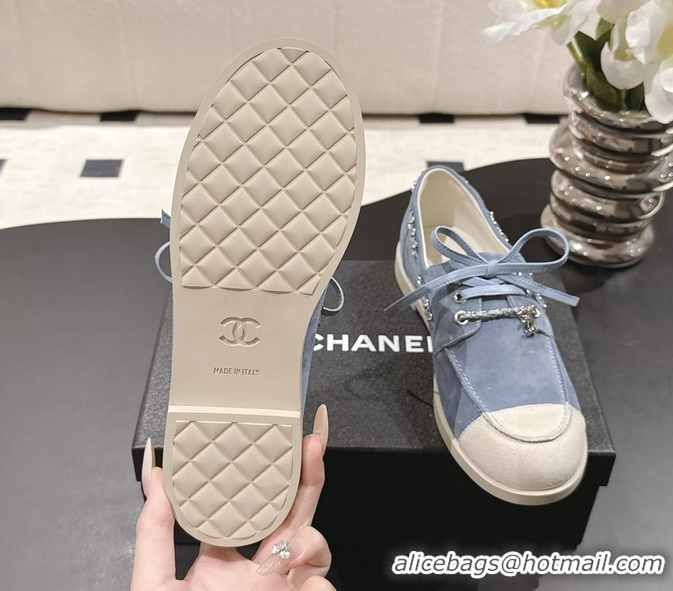 Big Discount Chanel CC Lace Up moccasins Shoes White Light Blue Suede Calfskin Leather 6051204