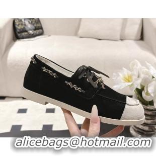 Inexpensive Chanel CC Lace Up moccasins Shoes Black Light Gray Suede Calfskin Leather 6051204