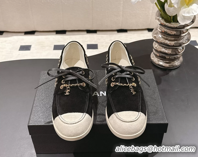 Inexpensive Chanel CC Lace Up moccasins Shoes Black Light Gray Suede Calfskin Leather 6051204