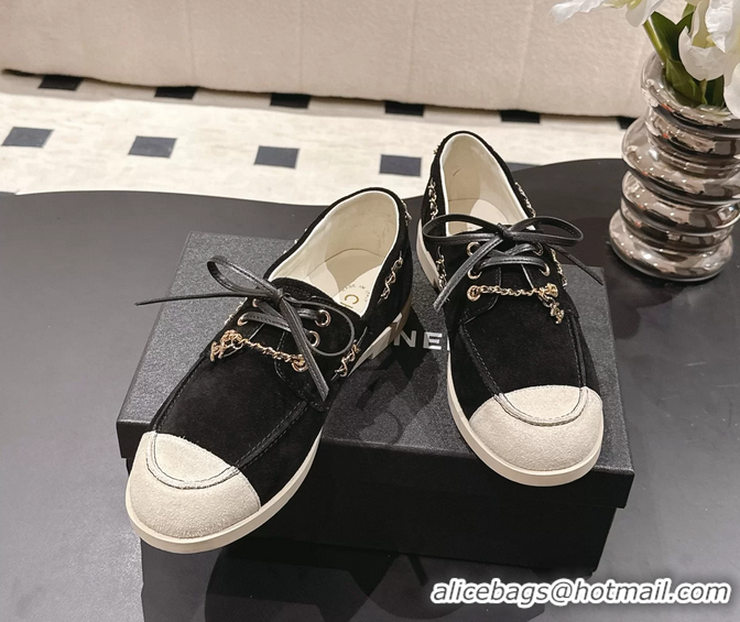 Inexpensive Chanel CC Lace Up moccasins Shoes Black Light Gray Suede Calfskin Leather 6051204