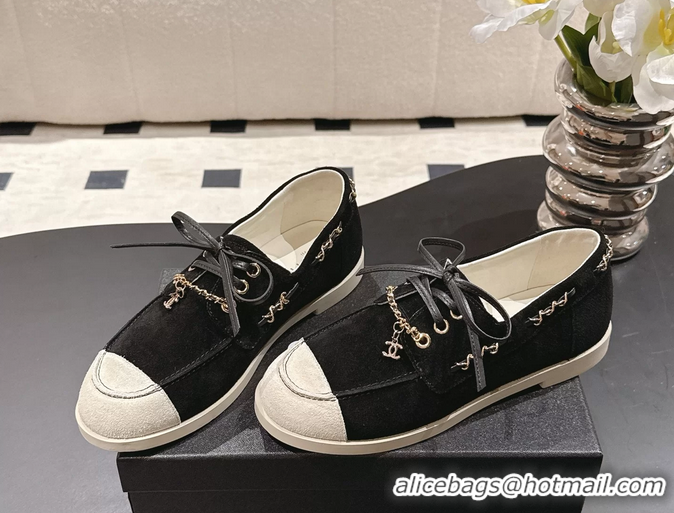 Inexpensive Chanel CC Lace Up moccasins Shoes Black Light Gray Suede Calfskin Leather 6051204