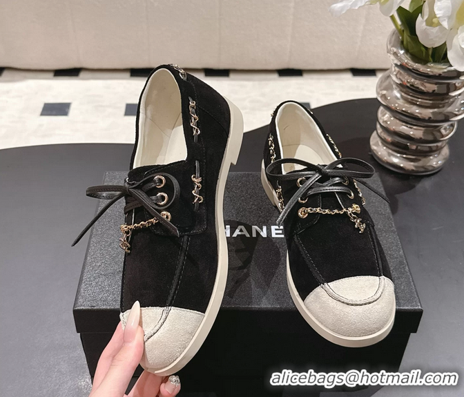 Inexpensive Chanel CC Lace Up moccasins Shoes Black Light Gray Suede Calfskin Leather 6051204