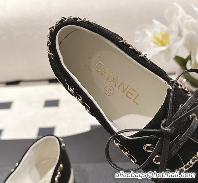 Inexpensive Chanel CC Lace Up moccasins Shoes Black Light Gray Suede Calfskin Leather 6051204