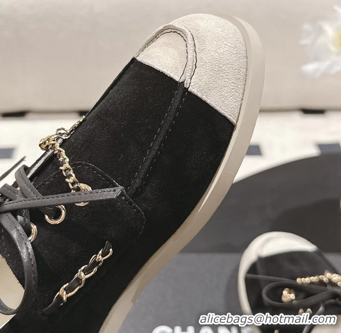 Inexpensive Chanel CC Lace Up moccasins Shoes Black Light Gray Suede Calfskin Leather 6051204