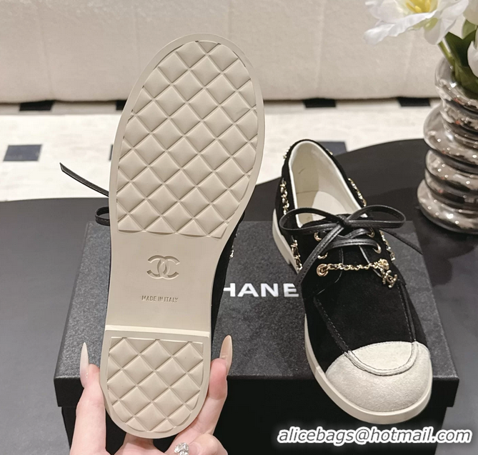 Inexpensive Chanel CC Lace Up moccasins Shoes Black Light Gray Suede Calfskin Leather 6051204