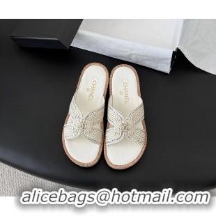 Good Looking Chanel CC White Raffia Flat Slides Sandals Shoes 6051205